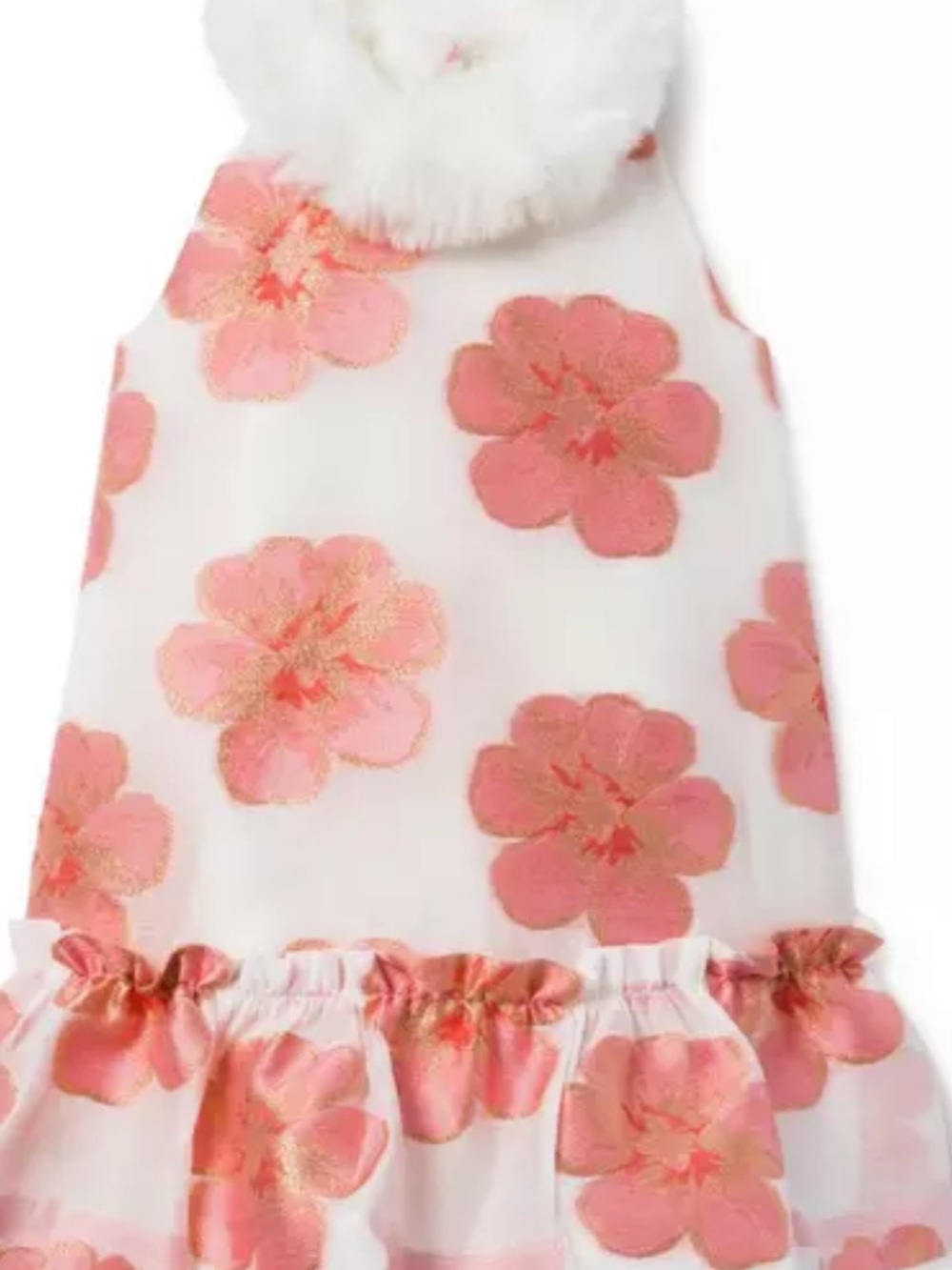 Girls White Dress with Pink Floral Print and Faux Fur Collar
